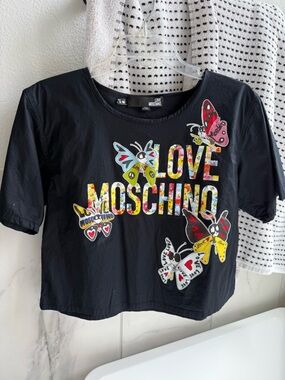 Love Moschino Black Short-Sleeve Tee with Colorful Butterfly Logos